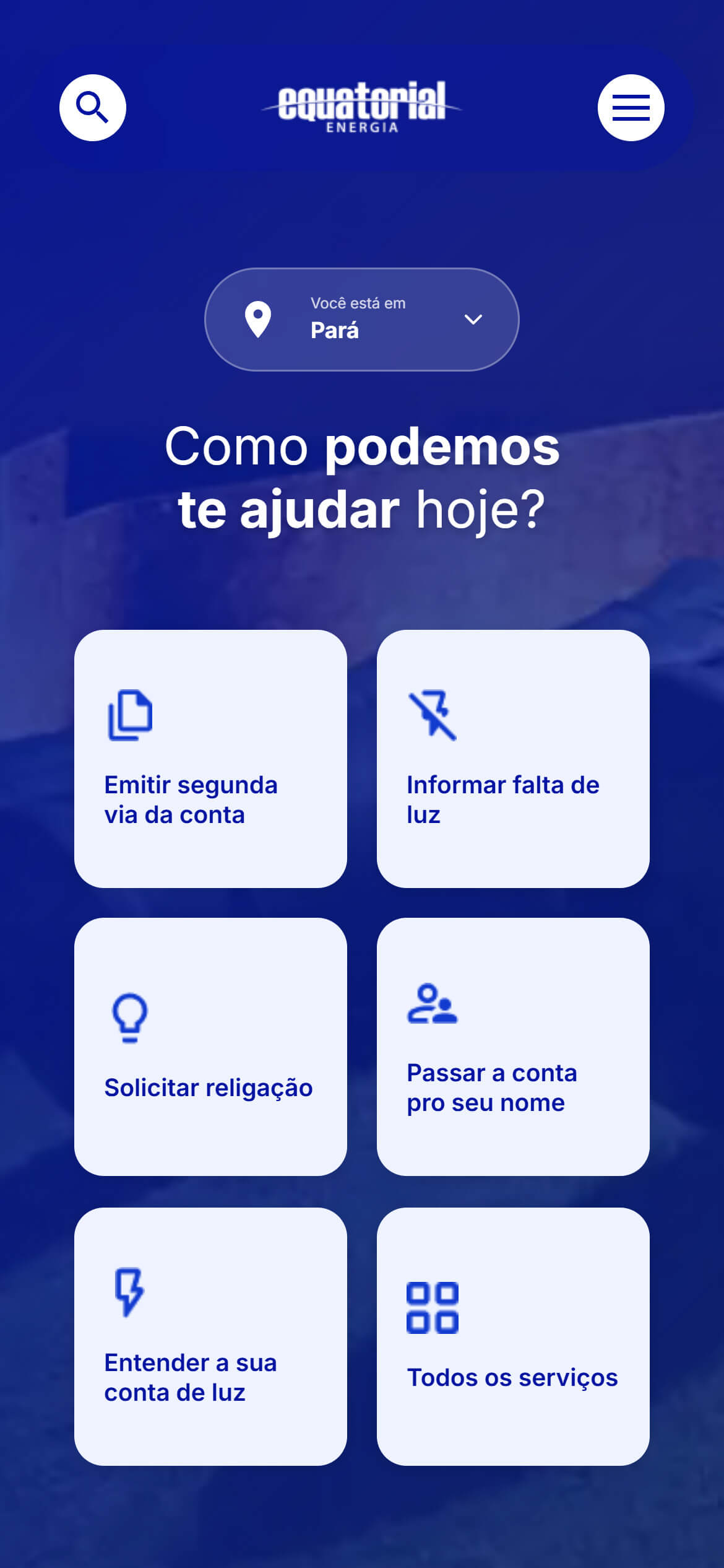 Tela da Agência Virtual com os serviços da Equatorial